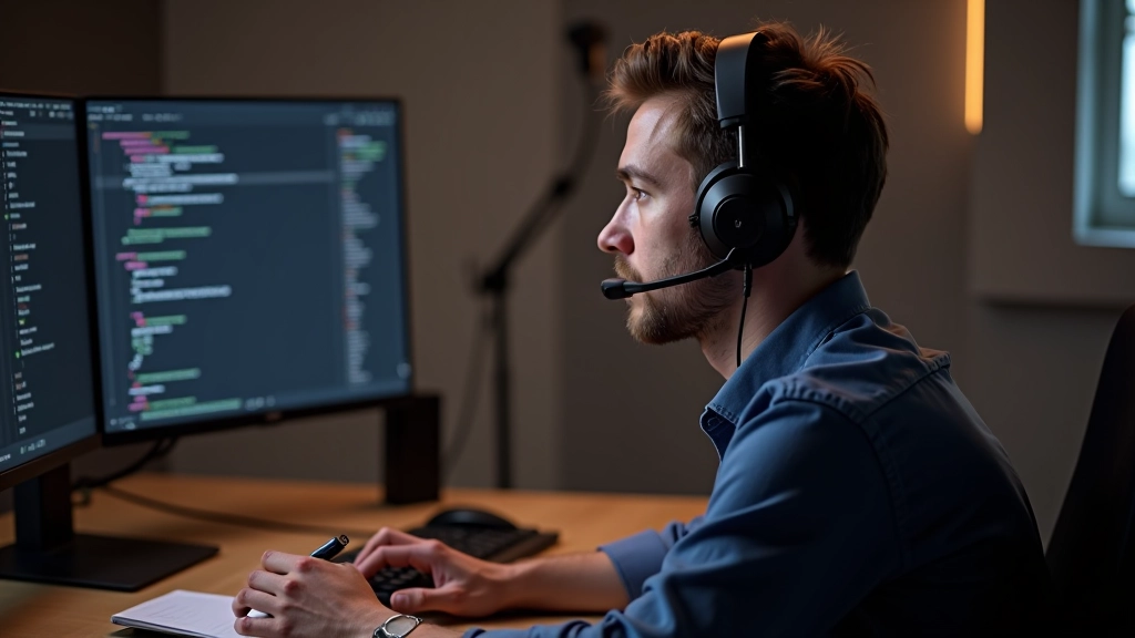 Person wearing headphones at desk with notebook and pen, monitor showing programming documentation, focused learning environment