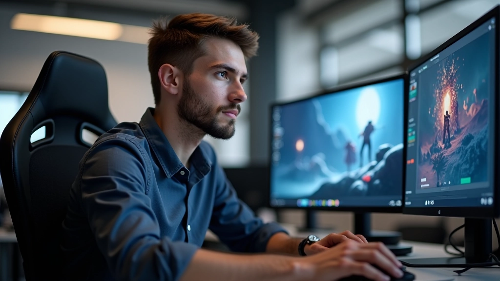 Game developer working at desk with dual monitors displaying 3D game environment and code