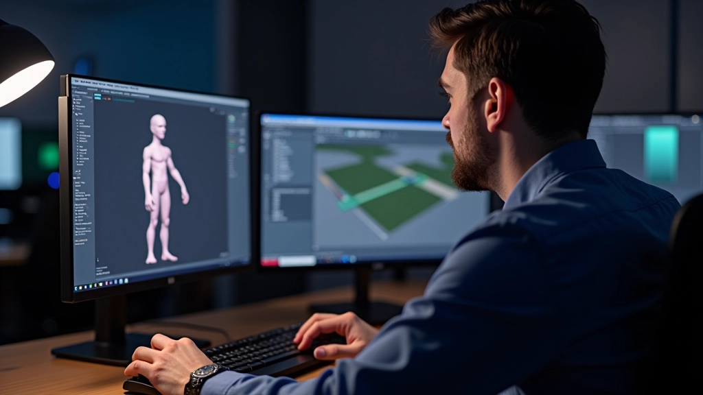 Game developer working at desk with multiple monitors displaying Unity interface and 3D models