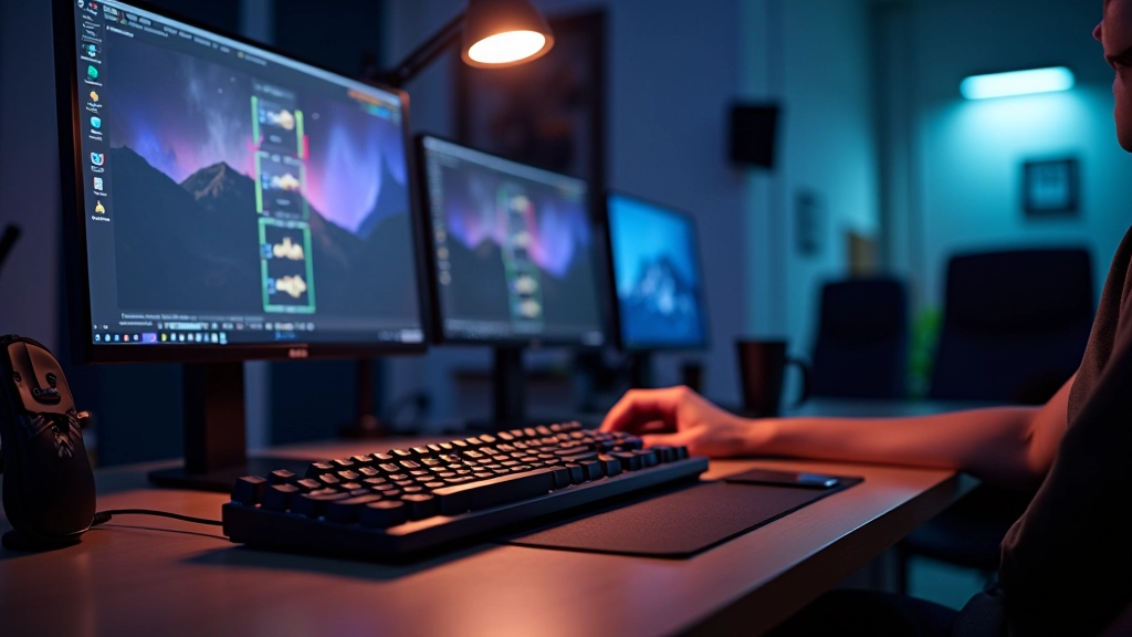 Desktop setup with mechanical keyboard, mouse, and multiple monitors showing code editor and game development tools