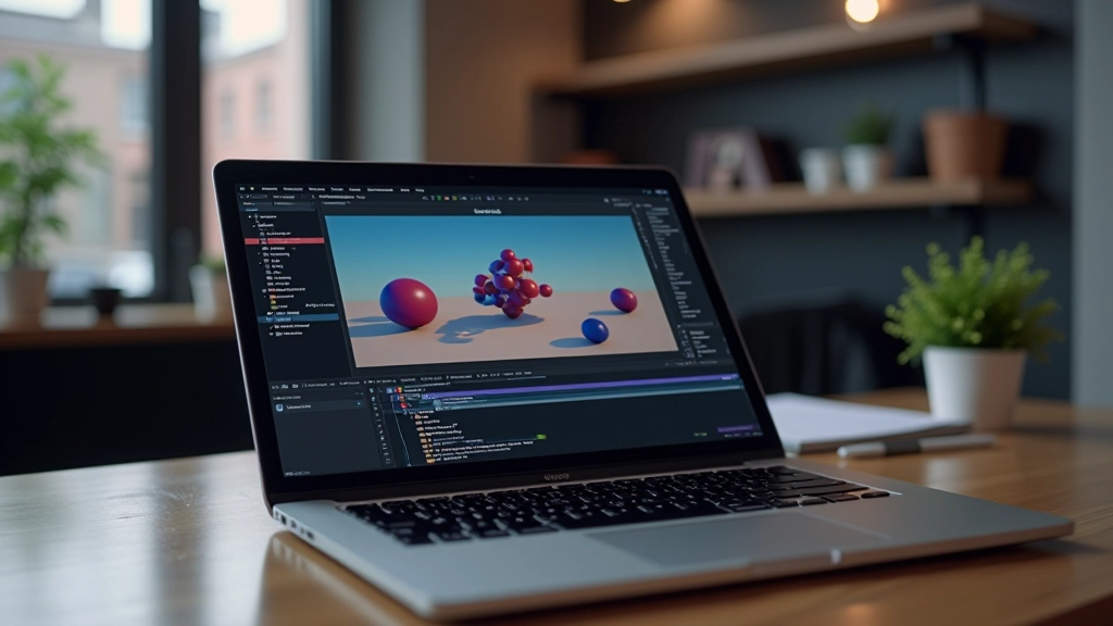 Laptop screen showing Unity editor with scene view, hierarchy panel, and inspector window displaying game object properties