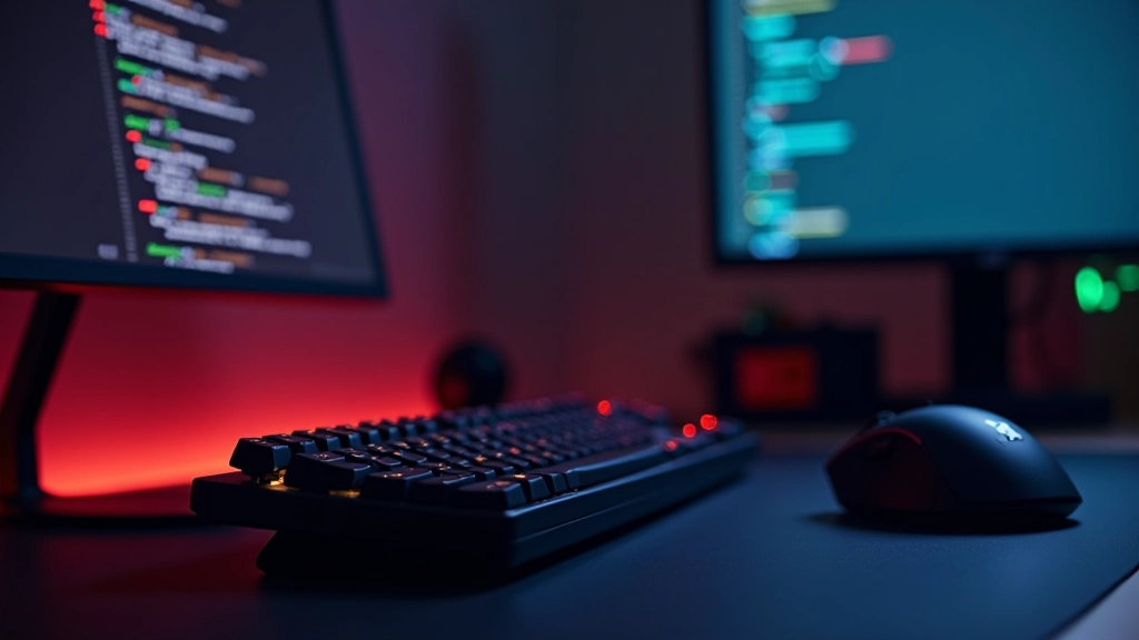 Close-up of keyboard and mouse with gaming setup showing code on screen
