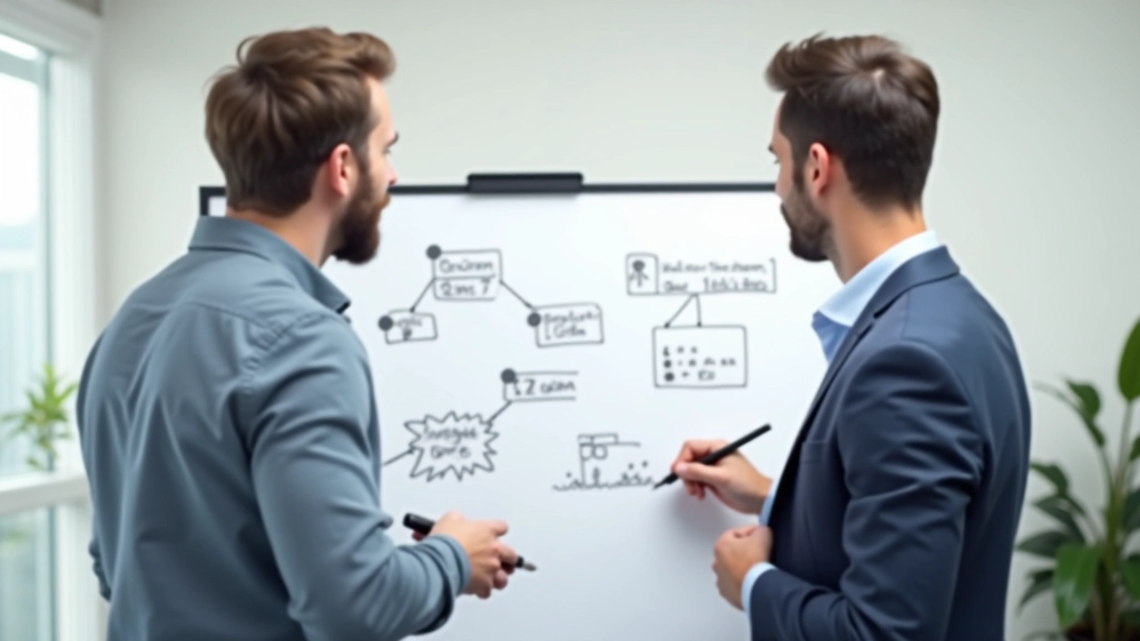 Team members collaborating at whiteboard with game design sketches